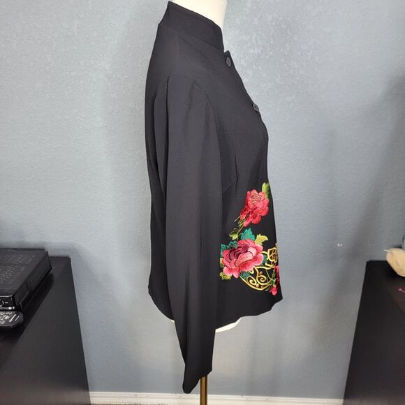 Harari Embroidered Floral Jacket Black Silk Blend Mandarin Collar Size S - Picture 6 of 14